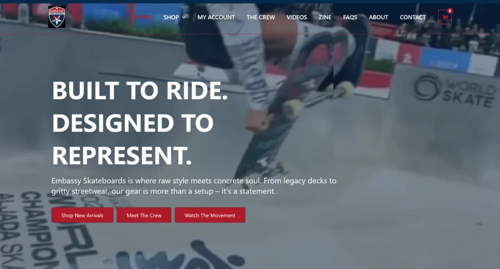 Embassy Skateboards website homepage