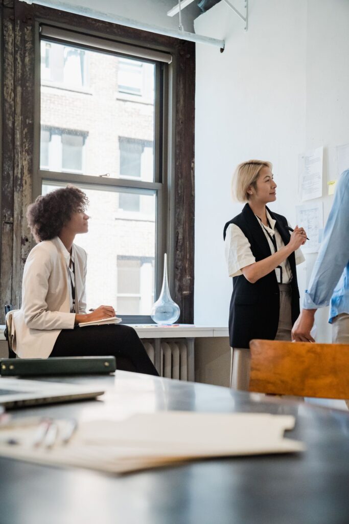 Team collaborating on a project in an office